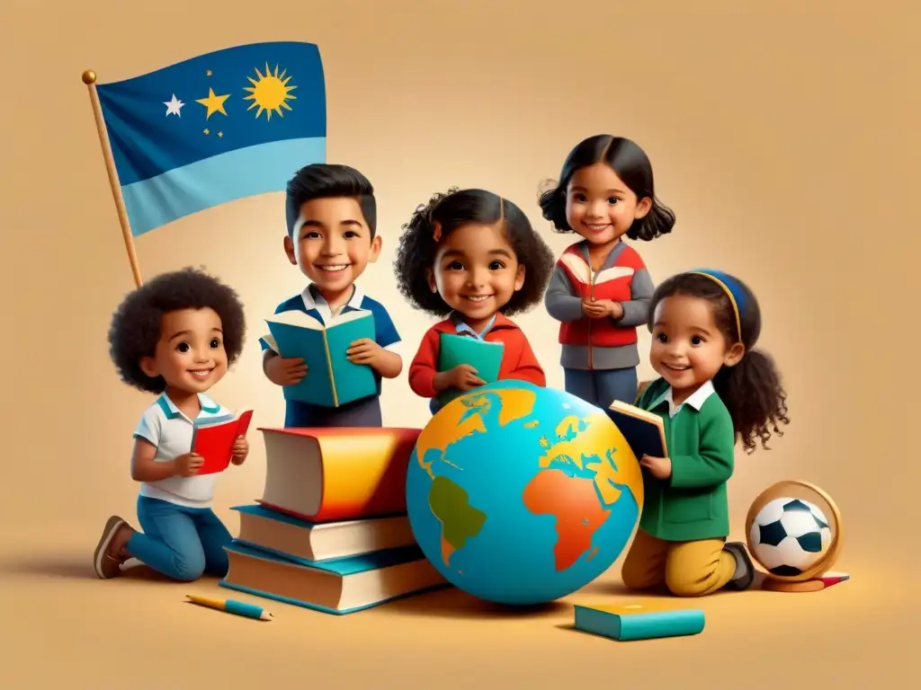 Niños preescolares de Uruguay explorando la educación con influencias internacionales en alegre ilustración minimalista