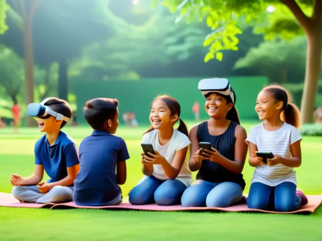 Niños disfrutan de la realidad aumentada en un parque, fomentando habilidades socioemocionales en Uruguay