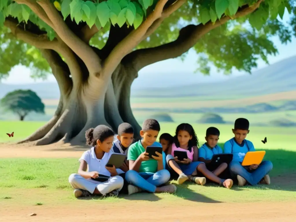 Niños en Uruguay rural usan aplicaciones educativas móviles bajo un árbol, rodeados de naturaleza y mariposas coloridas