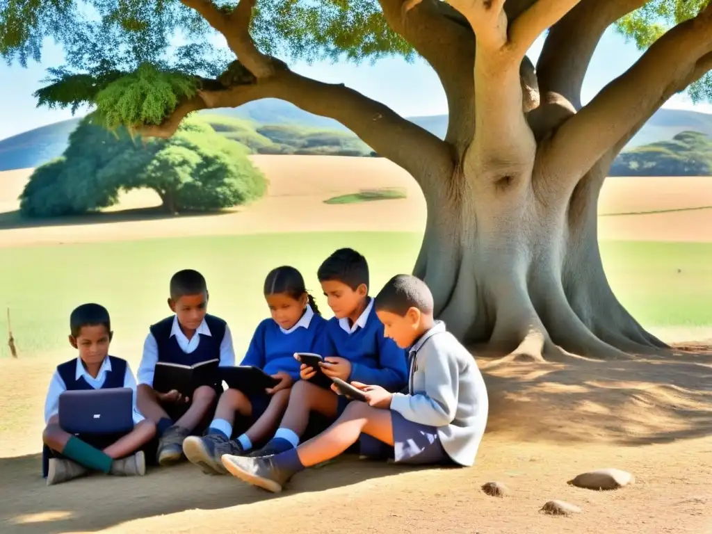 Niños rurales de Uruguay usando contenido digital móvil educativo bajo un árbol, integrando tecnología en la educación rural