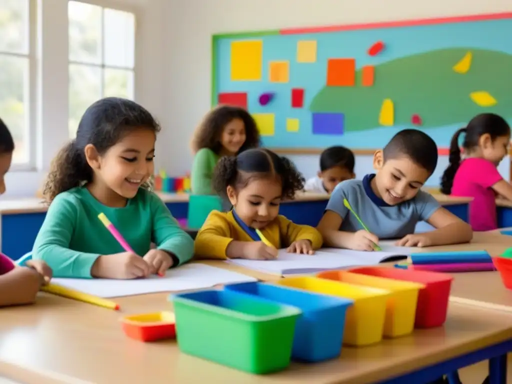 Niños uruguayos fomentando su desarrollo cognitivo con arte en alegre aula luminosa