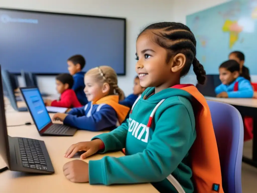 Niños uruguayos disfrutan de educación innovadora programando en modernas computadoras, rodeados de coloridos carteles educativos