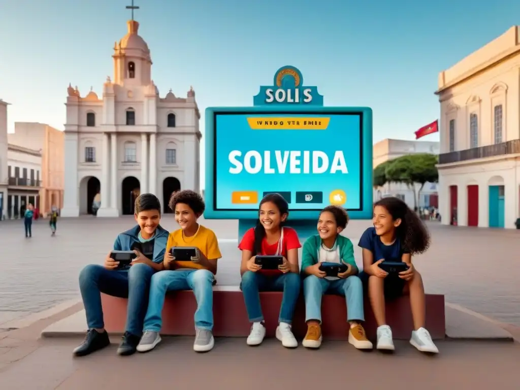 Niños uruguayos juegan videojuegos educativos entre íconos de Uruguay como el Teatro Solís y el cartel de Montevideo