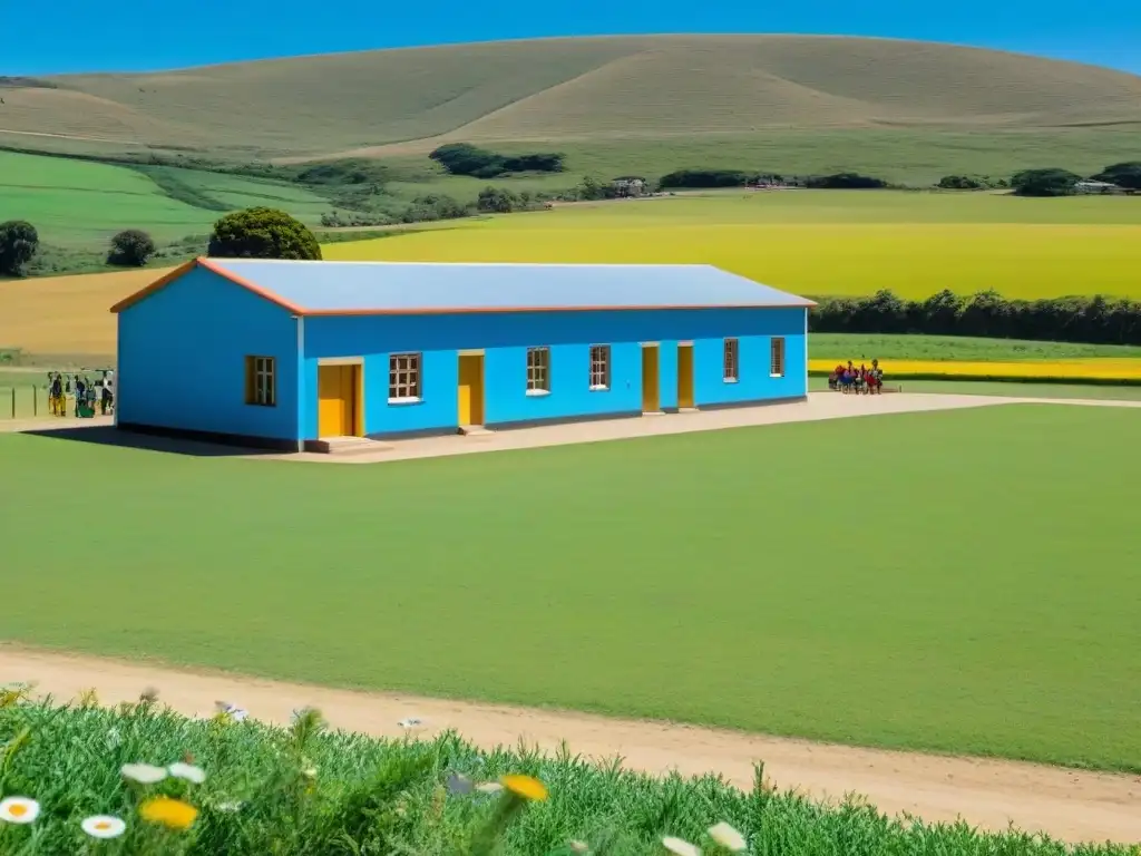 Escuela rural en Uruguay: educación, diversidad y naturaleza Un oasis de educación en el sector rural de Uruguay: una escuela rodeada de naturaleza vibrante y niños felices jugando en el patio