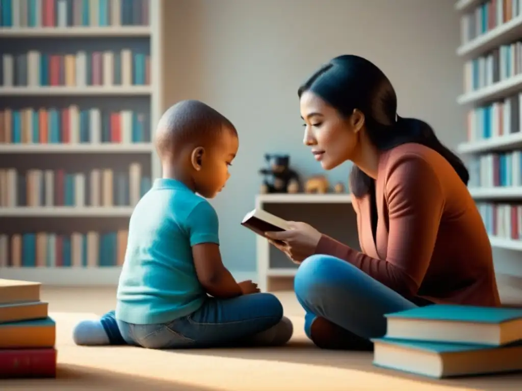 Padre e hijo inmersos en conversación, rodeados de libros y juguetes educativos, iluminados por luz natural