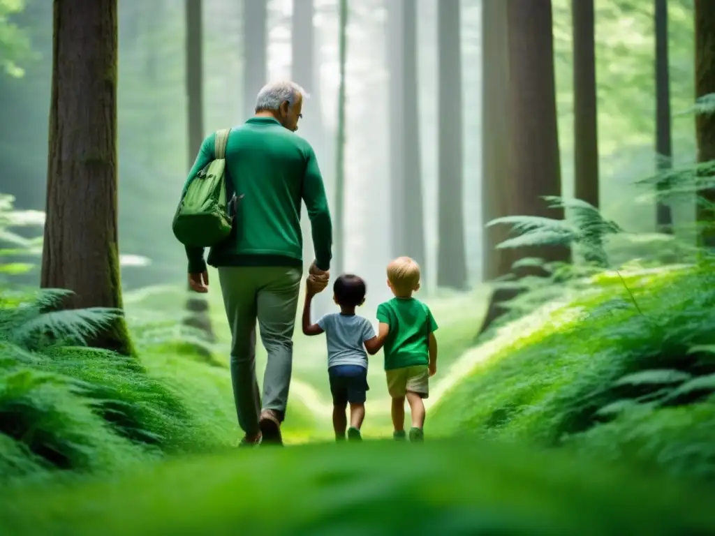 Padre e hijo caminan juntos en un bosque verde, simbolizando la importancia del papel de los padres en la resiliencia estudiantil