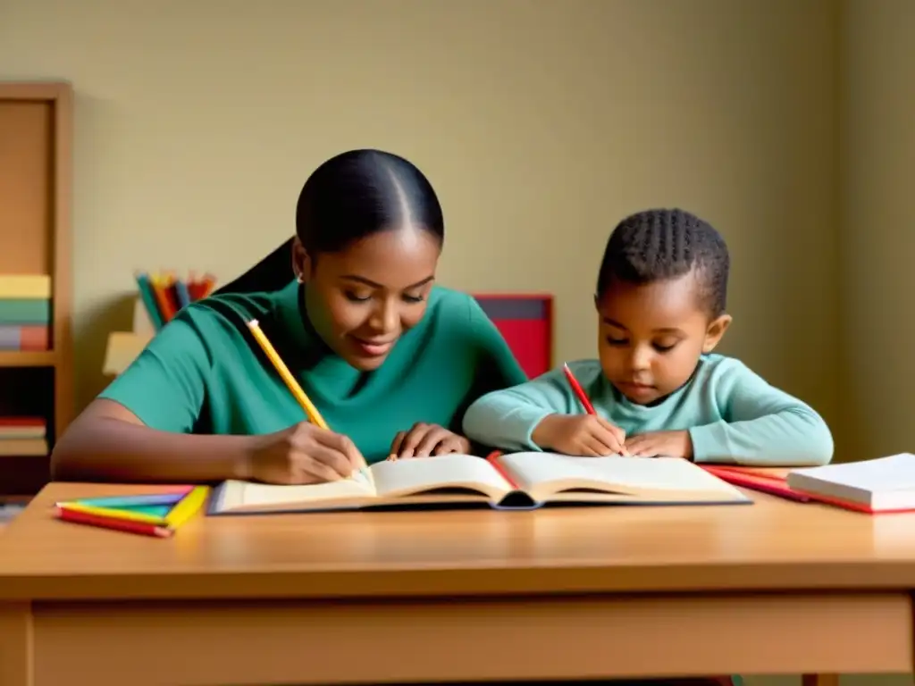 Padre e hijo colaboran juntos en la lectura, rodeados de útiles escolares