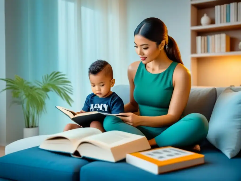 Padre e hijo rodeados de libros y gráficos de educación financiera en Uruguay, en tonos cálidos de aprendizaje y crecimiento