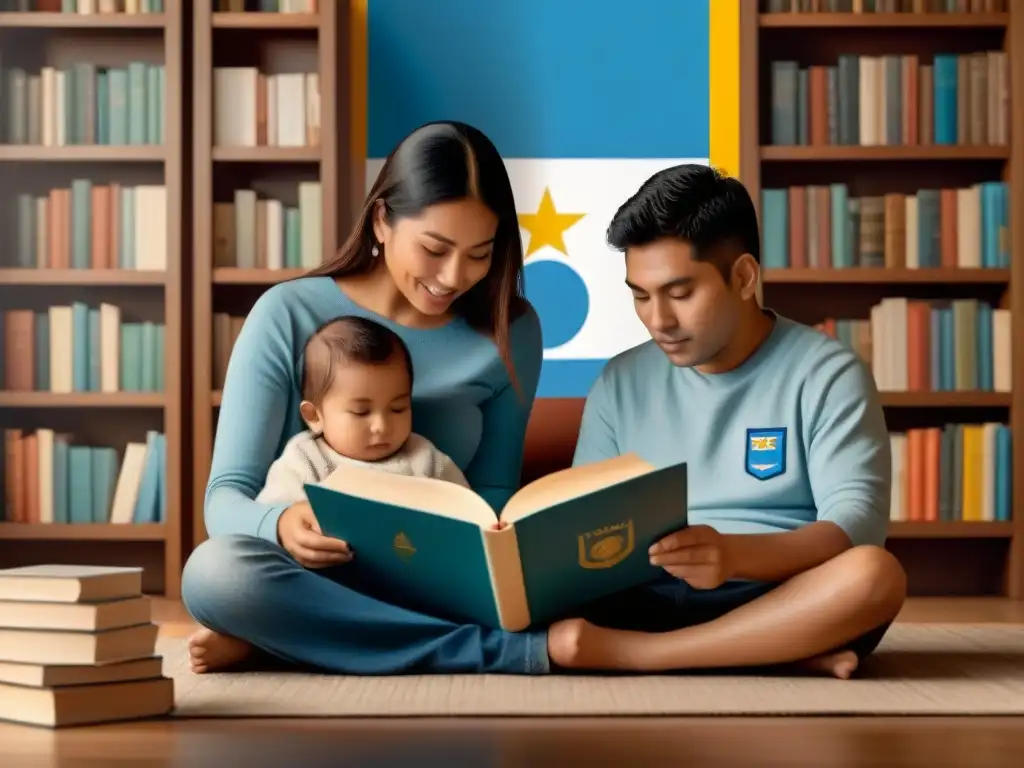 Un padre y un niño leen juntos rodeados de libros en diferentes idiomas, con un sutil motivo de la bandera de Uruguay en el fondo