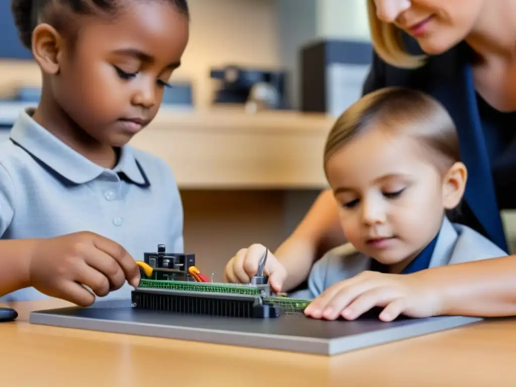 Padre y niño colaboran en proyecto STEM en un ambiente moderno y enfocado