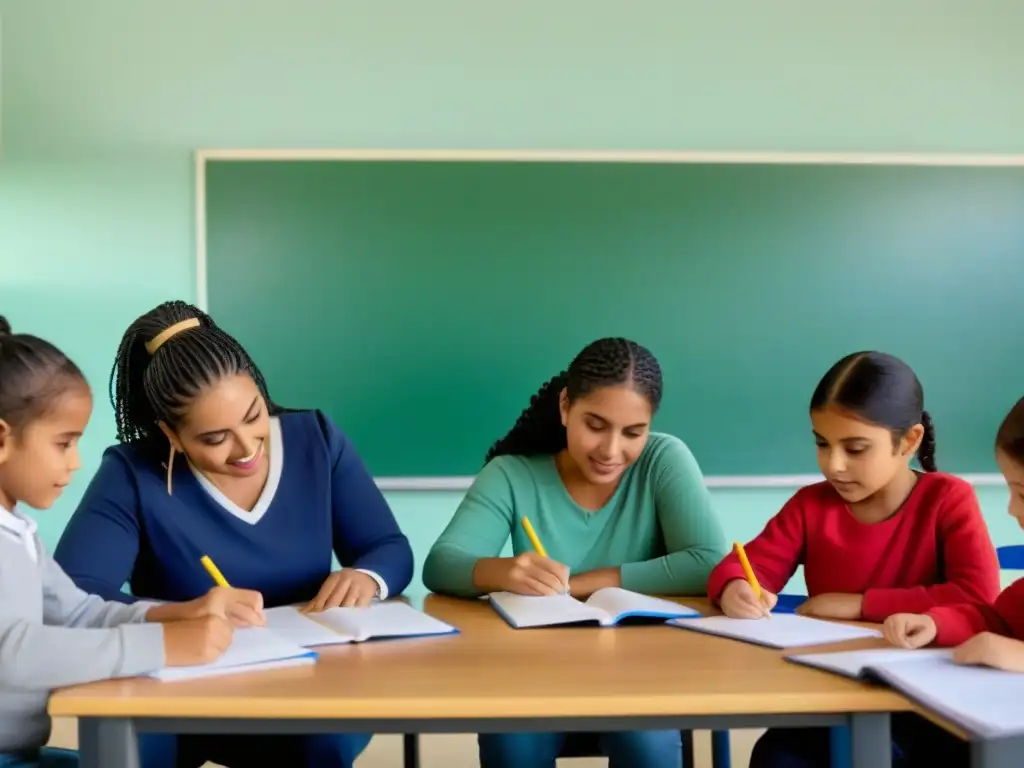 Padres participando activamente en actividades educativas con sus hijos en un aula moderna en Uruguay, fomentando un ambiente colaborativo y de apoyo