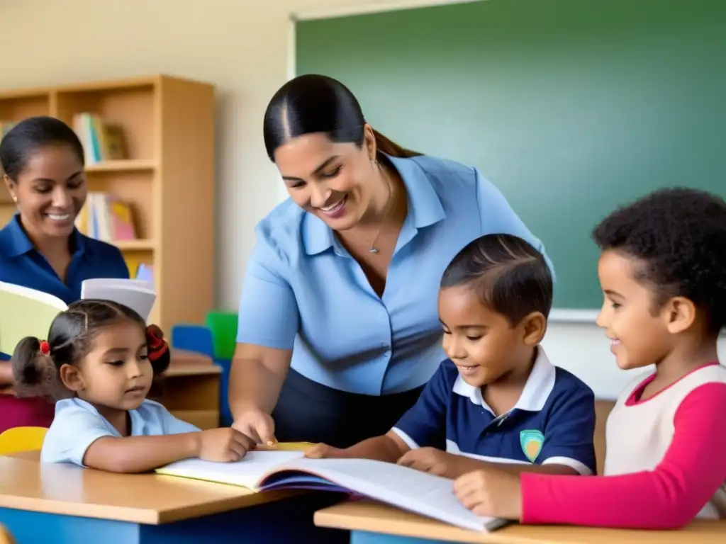 Padres participando en actividades educativas con niños en aula moderna de Uruguay