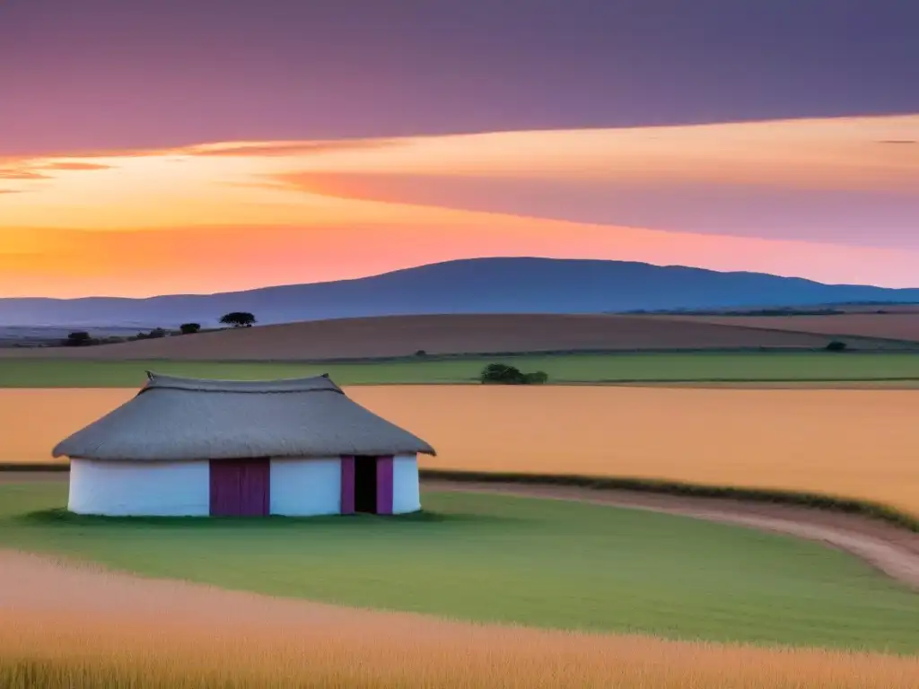 Un paisaje rural en Uruguay al atardecer, con una casa de madera y un camino de tierra, evocando paz y conexión con la naturaleza