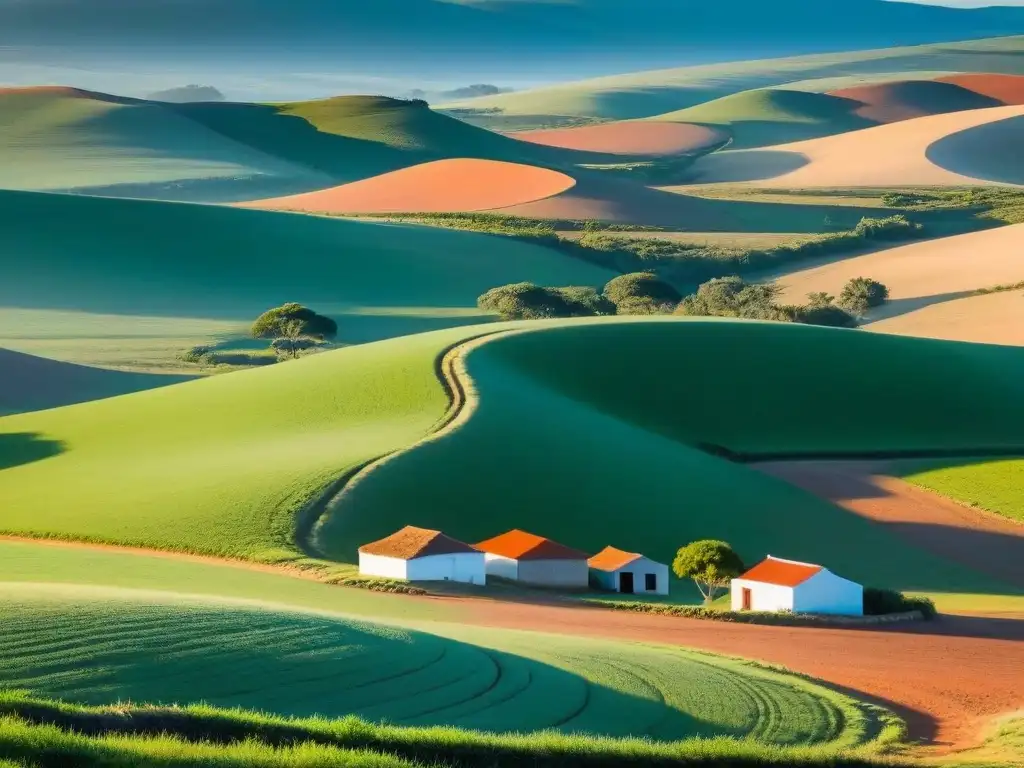 Paisaje rural en Uruguay al amanecer, con colinas, casas de adobe y camino de tierra