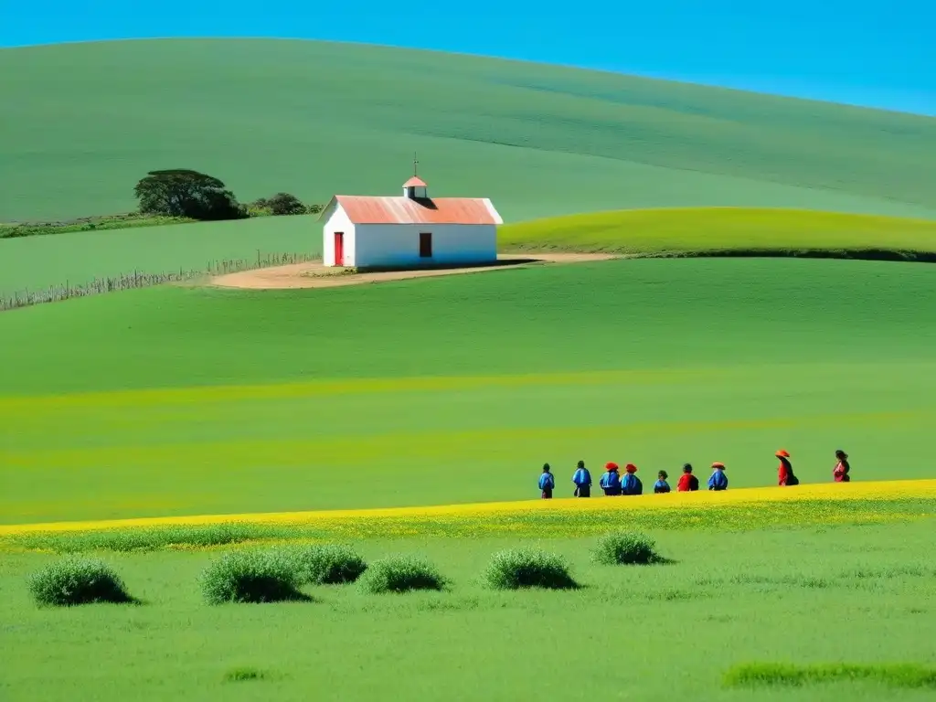 Paisaje rural en Uruguay con escuela, niños jugando y aprendiendo al aire libre, resaltando la educación ambiental en contexto rural