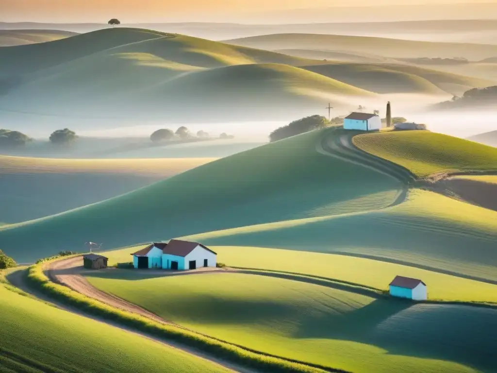 Paisaje rural de Uruguay al amanecer con granjas, camino de tierra y el sol naciente