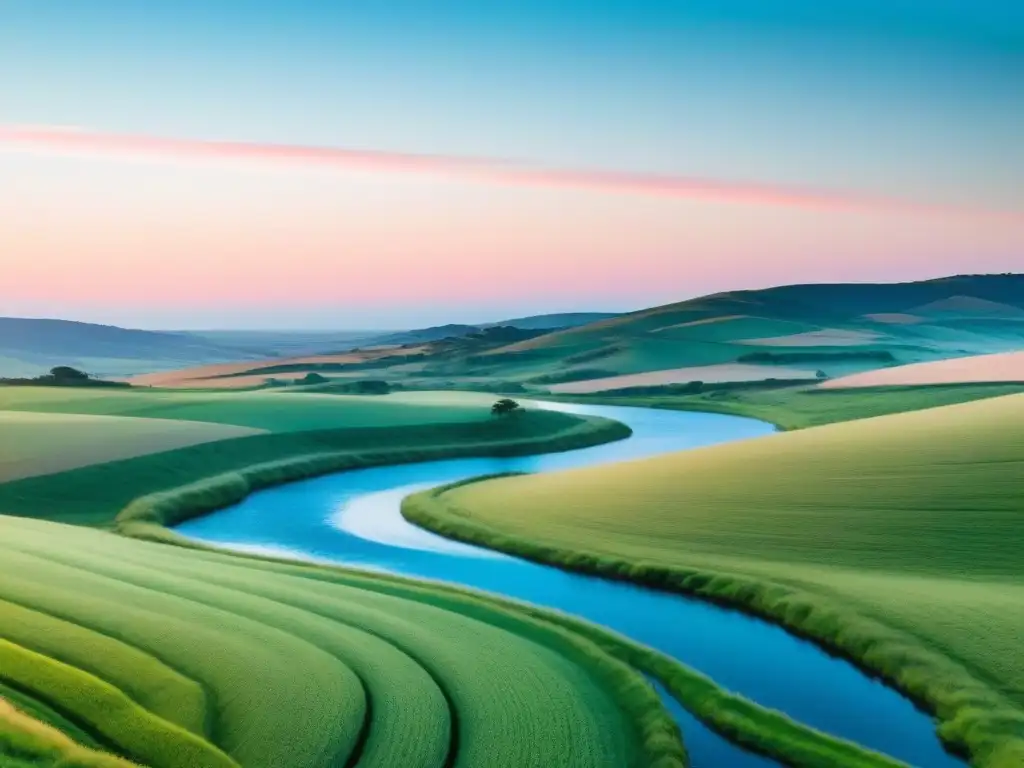 Paisaje rural en Uruguay al amanecer: serenidad y naturaleza Paisaje rural en Uruguay al amanecer con río y verde exuberante