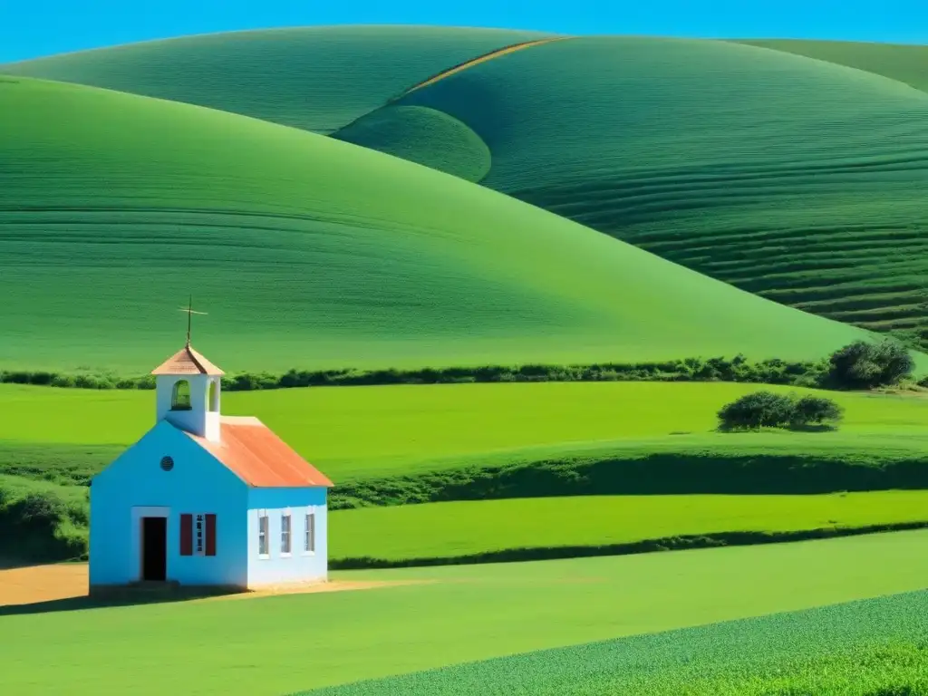 Paisaje rural sereno en Uruguay con colinas verdes y una escuela, destacando la escasez de recursos didácticos en zonas rurales