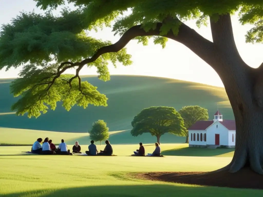 Un paisaje rural sereno al amanecer con educadores en capacitación bajo un árbol