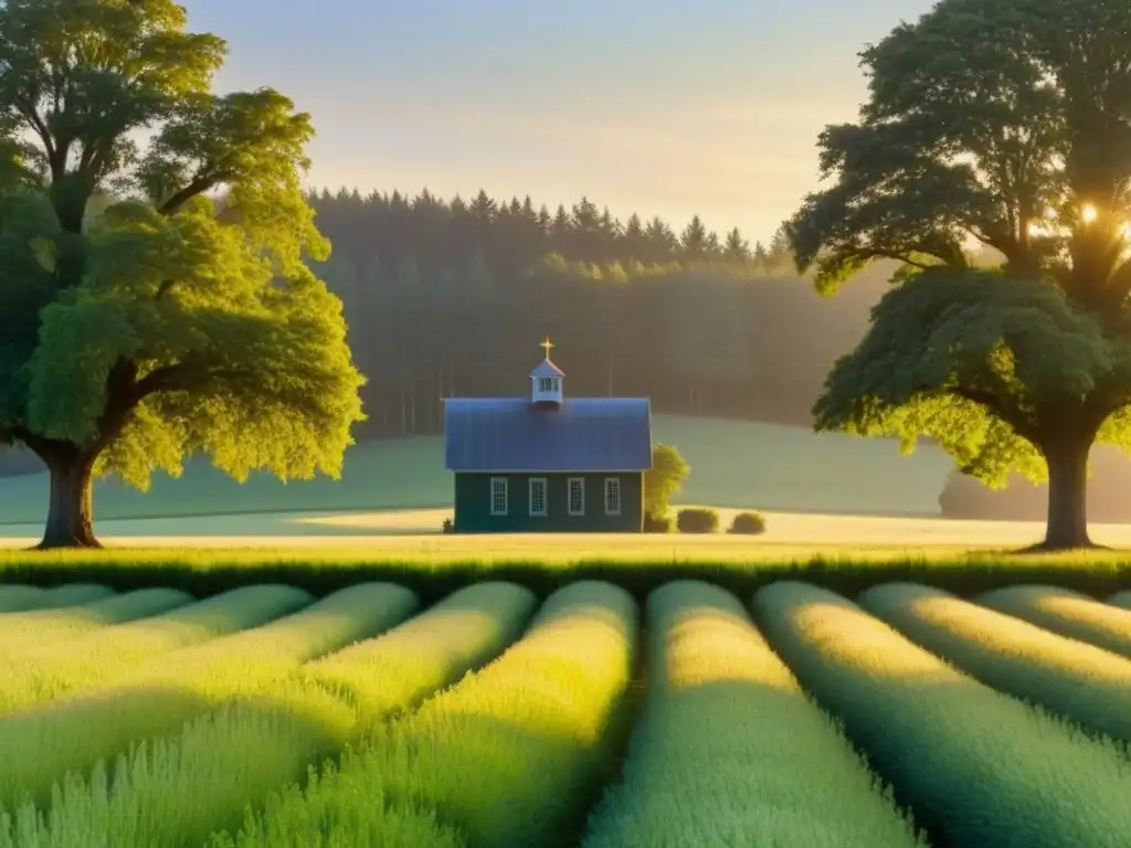 Paisaje rural sereno al amanecer con una escuela rústica entre árboles altos