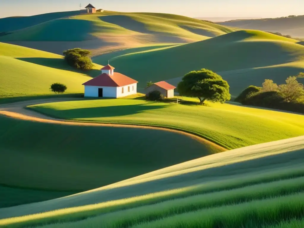 Paisaje rural sereno al amanecer con escuela rústica entre colinas verdes