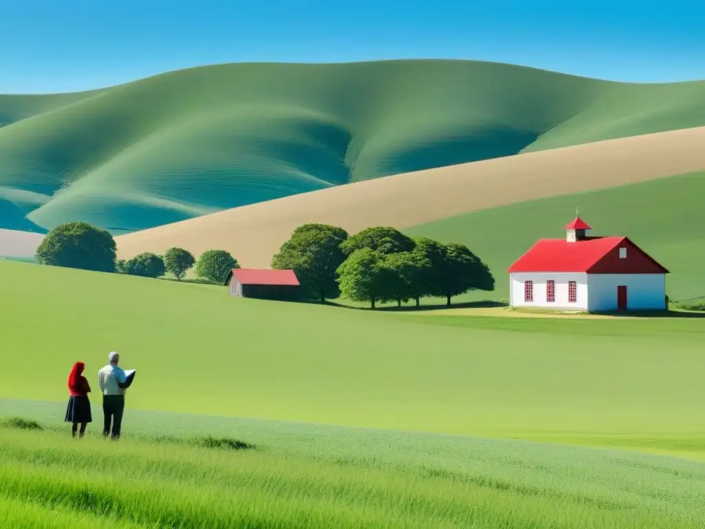 Un paisaje rural sereno con una escuela y maestros colaborando