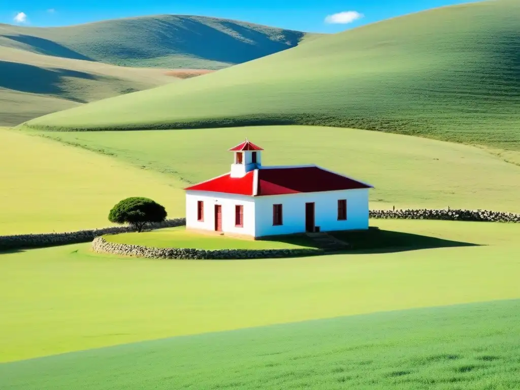 Un paisaje rural sereno en Uruguay con una escuela rural entre colinas, ganado y cielo azul