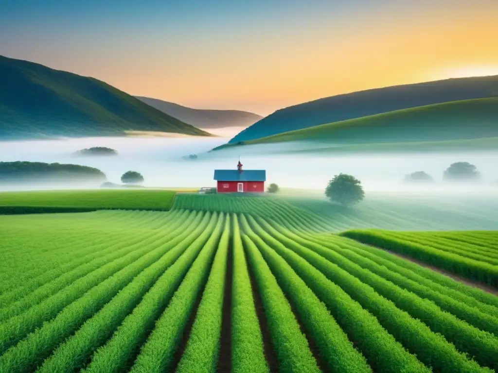 Paisaje rural sereno al amanecer con escuela entre campos verdes y colinas