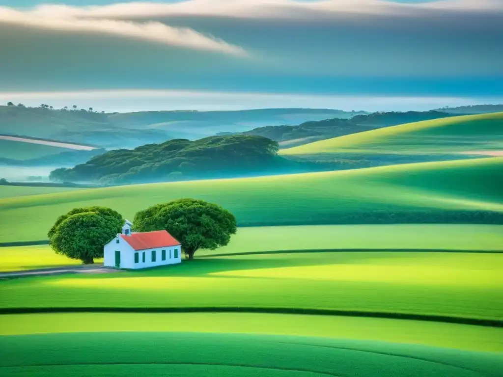 Escuela rural en Uruguay: sembrando esperanza en las colinas verdes Paisaje rural sereno en Uruguay con escuela entre colinas verdes