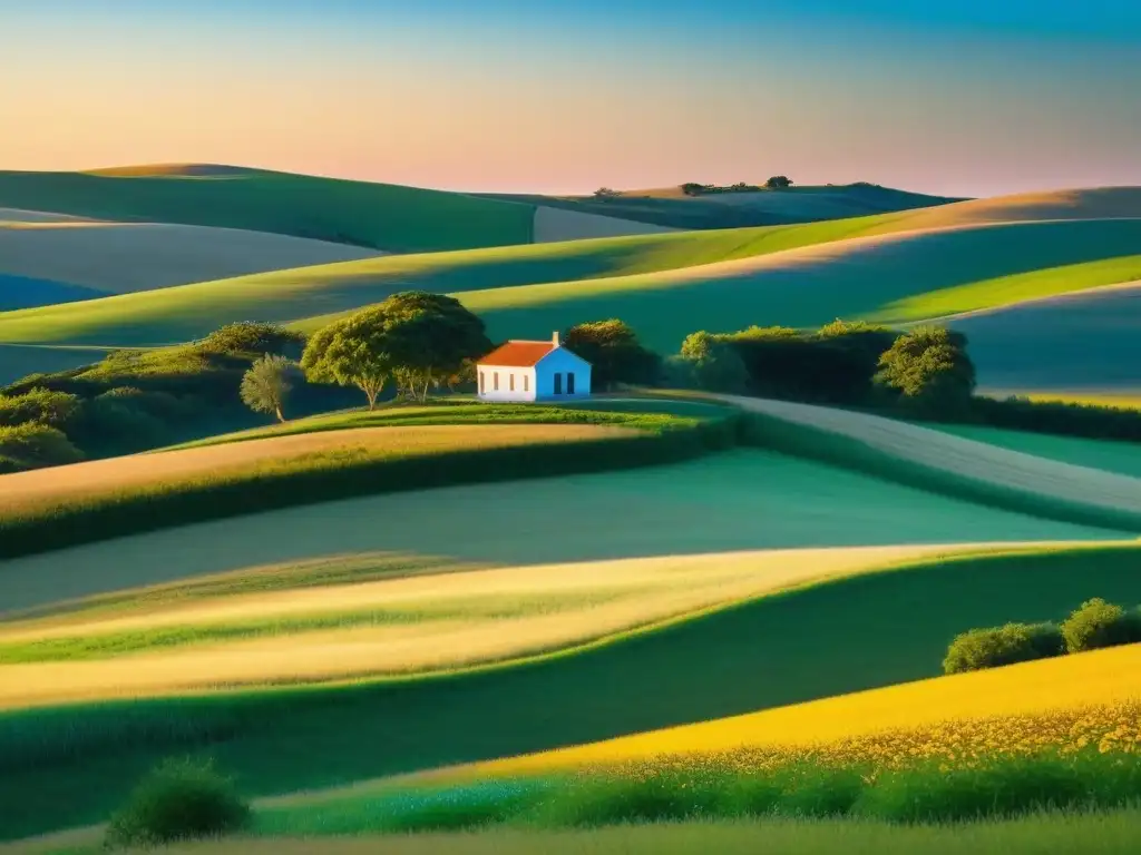 Paisaje rural tranquilo en Uruguay con escuela solitaria entre colinas, rodeada de vegetación exuberante y flores silvestres