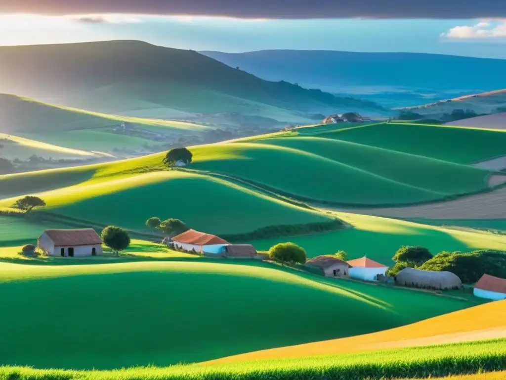 Un paisaje rural uruguayo al amanecer, con colinas verdes, un pueblo al fondo y aldeanos debatiendo bajo un árbol