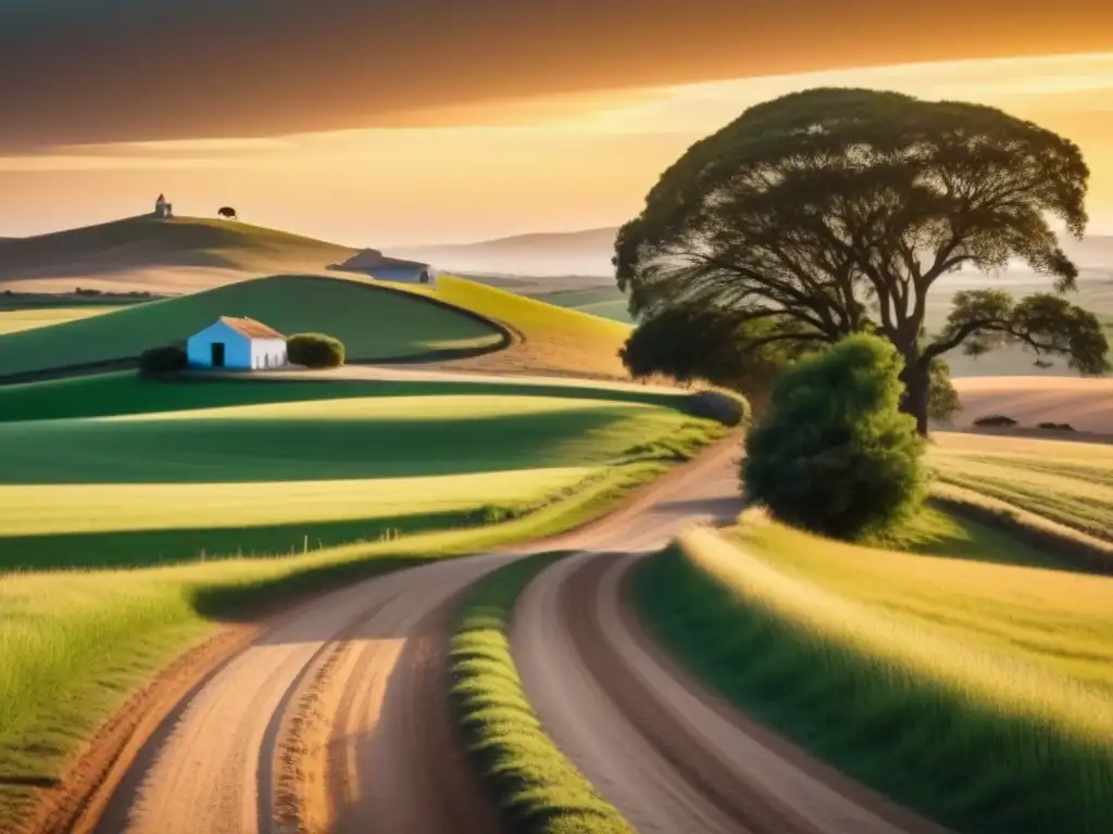 Paisaje rural uruguayo con colinas, casa y camino de tierra al atardecer