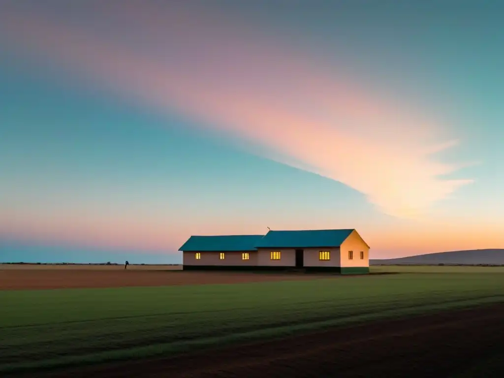 Paisaje rural uruguayo al anochecer con escuela iluminada