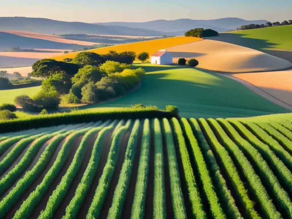 Paisaje rural uruguayo al amanecer con escuela de adobe entre árboles, transmitiendo paz y el potencial del día