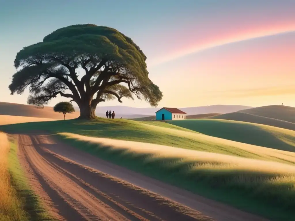 Paisaje rural uruguayo al amanecer, escuela, niños, maestra con estación digital móvil