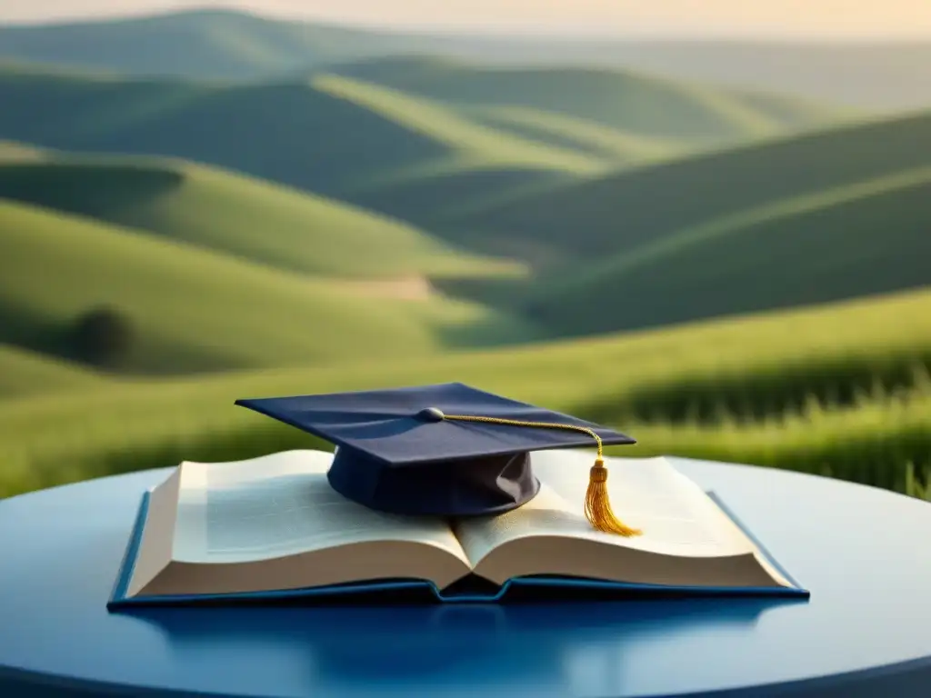 Un paisaje sereno con un birrete de graduación sobre un libro, simbolizando los desafíos de la educación posgrado en Uruguay