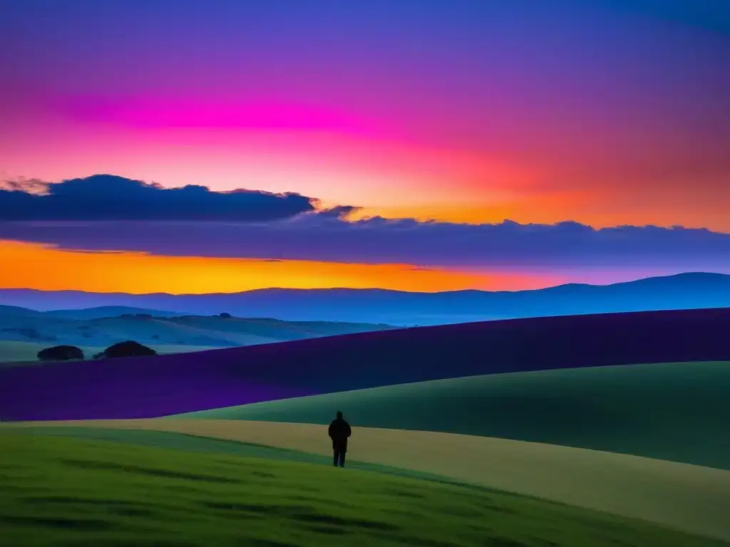 Un paisaje sereno de colinas uruguayas al atardecer, con tonos vibrantes en el cielo