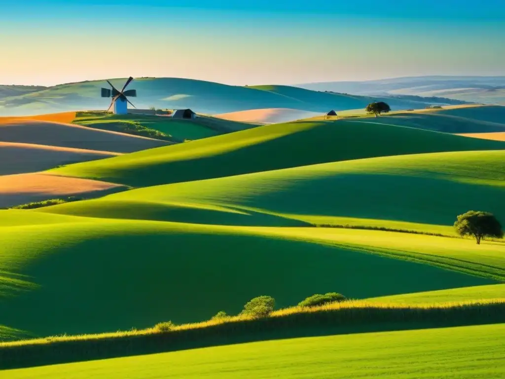 Paisaje sereno de colinas verdes en Uruguay rural, con granjas y molinos bajo cielo azul