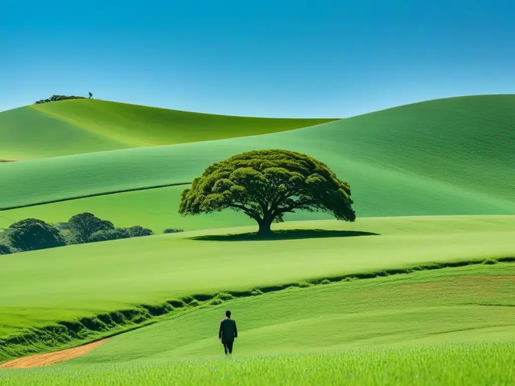 Un paisaje sereno con colinas verdes, cielo azul y un árbol solitario, simbolizando el impacto de la calidad educativa en Uruguay