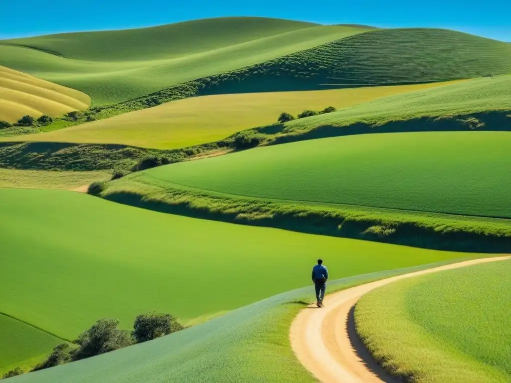 Un paisaje sereno de colinas verdes bajo cielo azul en Uruguay, simbolizando desarrollo sostenible y educación financiera