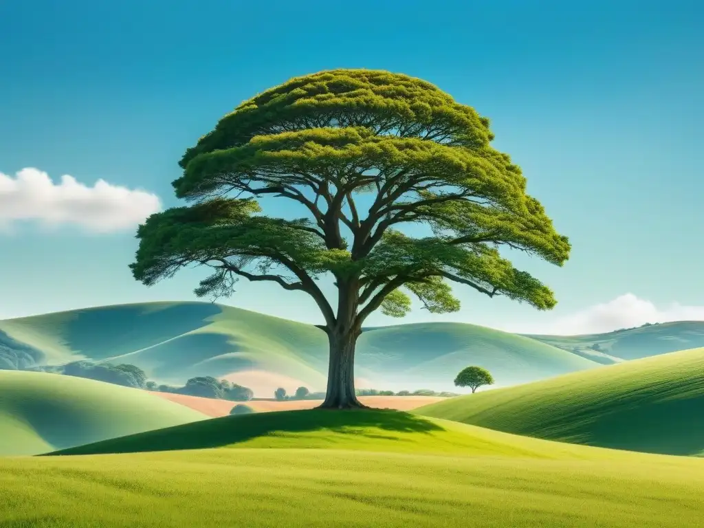 Un paisaje sereno con colinas verdes, cielo azul y un árbol solitario, simbolizando el desarrollo sostenible y la educación en Uruguay