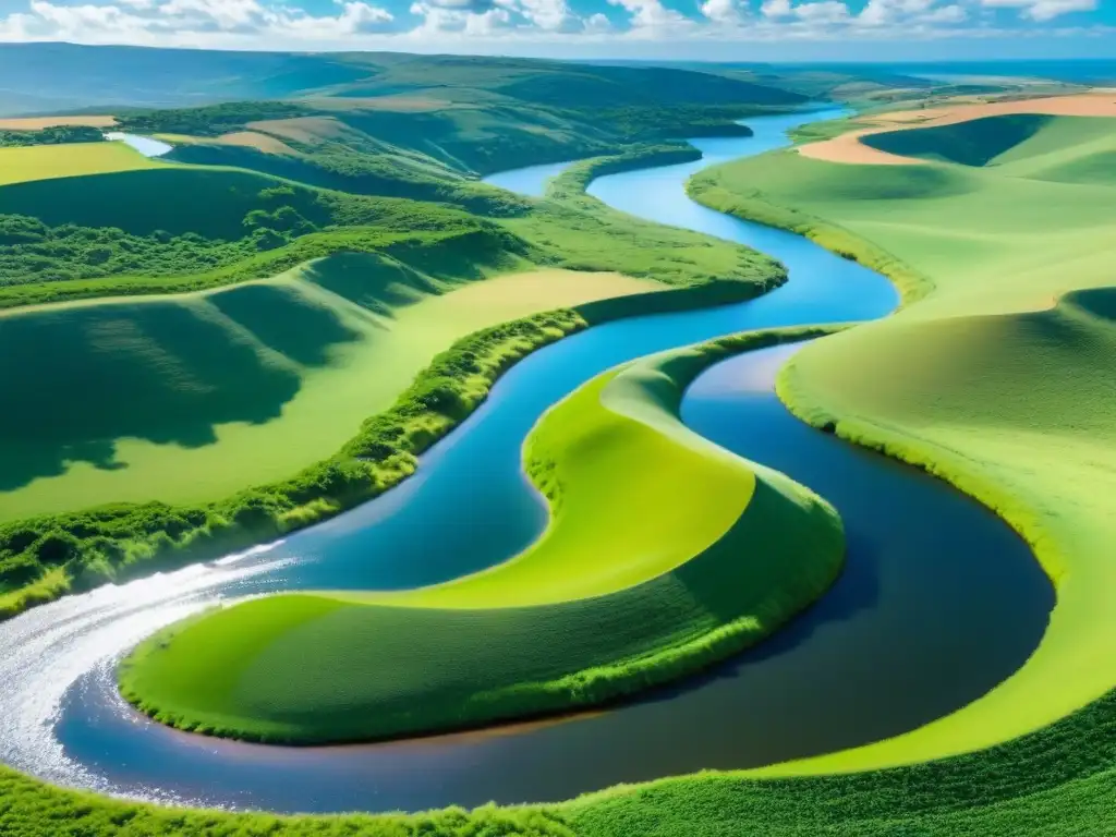 Paisaje sereno en Uruguay para Consejos MBA profesionales Uruguay: colinas verdes, río tranquilo y cielo azul con nubes