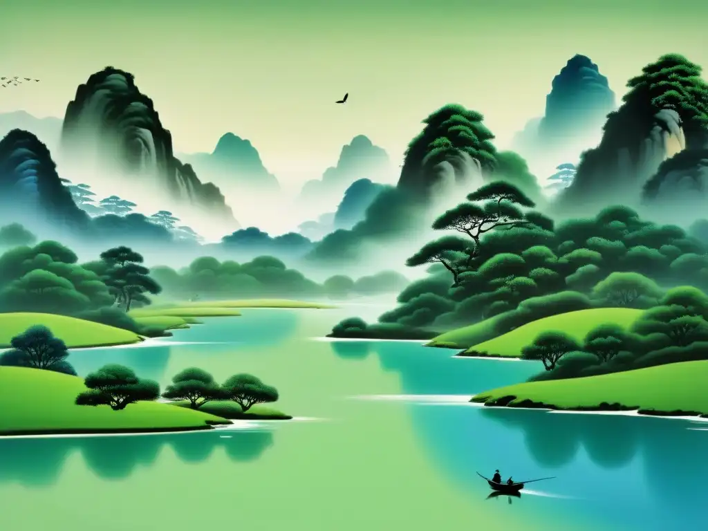 Paisaje sereno y educativo en pintura china con impacto tecnológico educativo China Uruguay