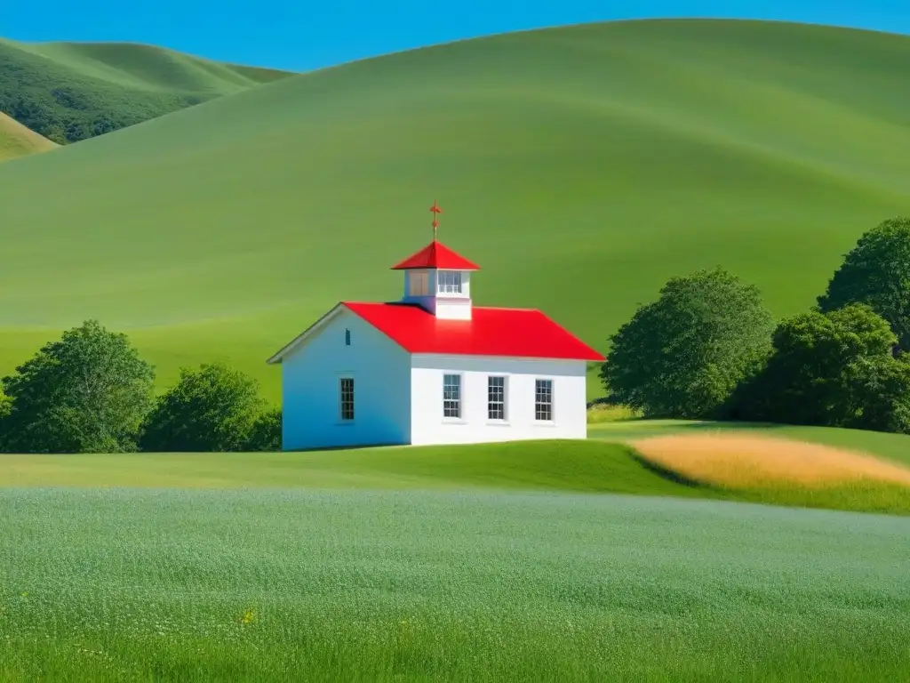 Paisaje sereno de una escuela rural en Uruguay, rodeada de verdes colinas bajo cielo azul