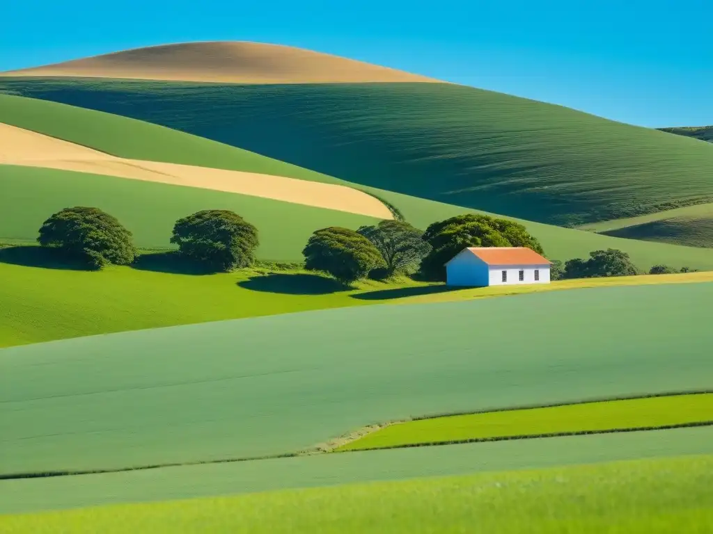 Paisaje sereno con escuela rural en Uruguay, resaltando la educación rural y la armonía con la naturaleza