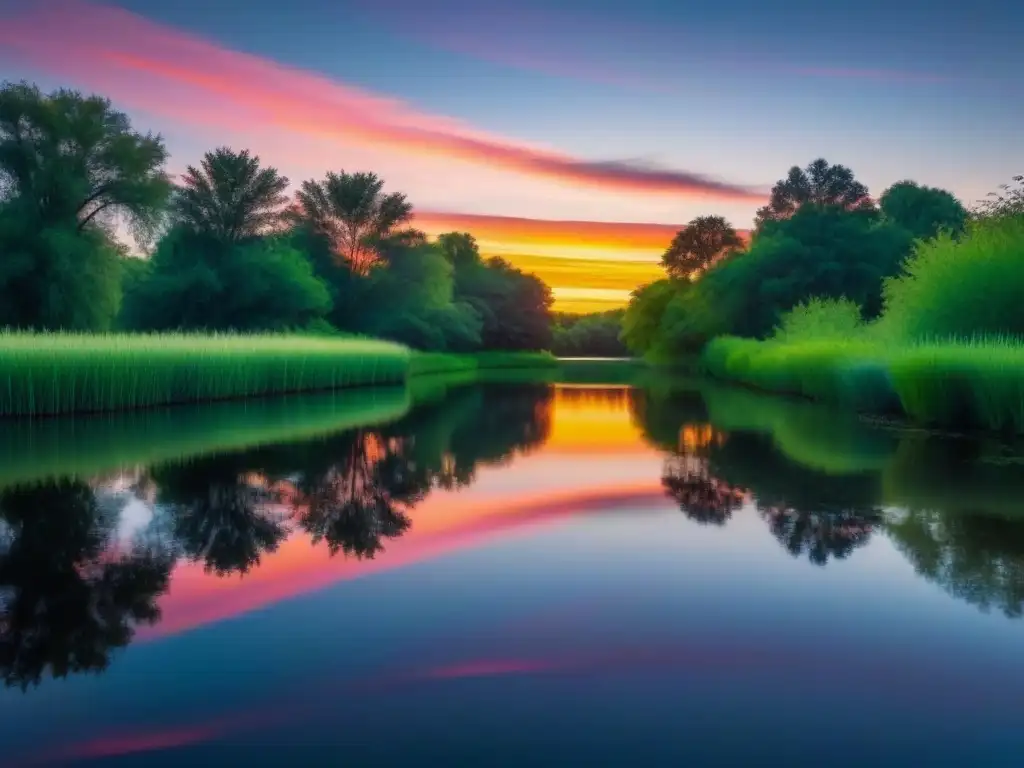 Paisaje sereno de estanque al atardecer Paisaje sereno de un estanque reflejando un cielo atardecer vibrante, rodeado de árboles verdes y sombras largas, creando una atmósfera contemplativa