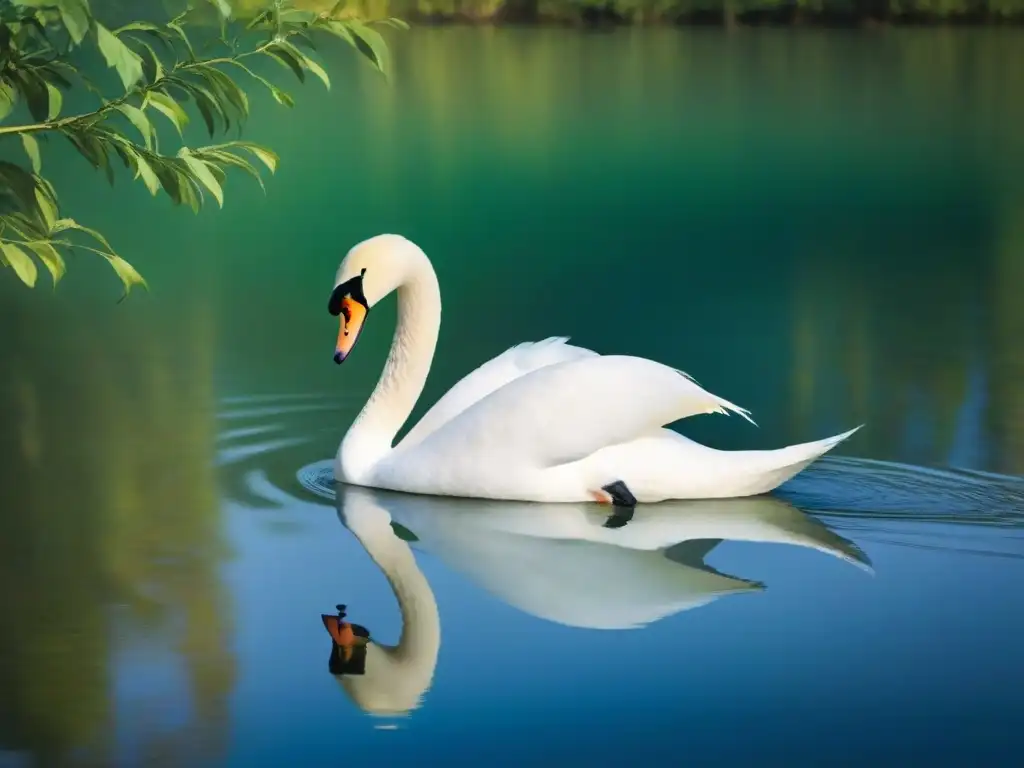 Paisaje sereno con lago tranquilo, cisne blanco y árboles verdes