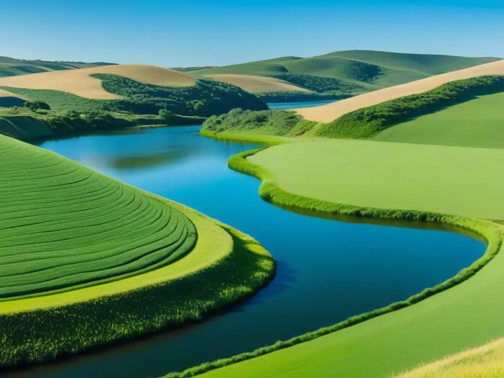 Un paisaje sereno y minimalista en Uruguay, con colinas verdes, un río tranquilo y cielo azul