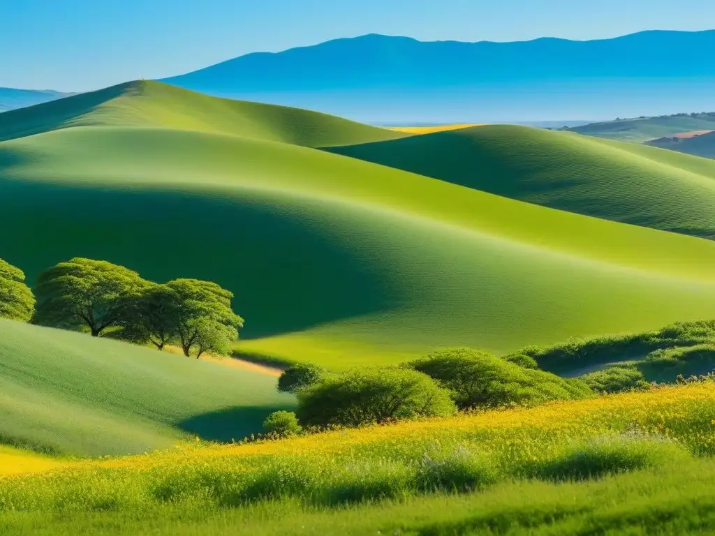 Tranquilidad y crecimiento: paisaje verde de Uruguay Un paisaje sereno y minimalista de colinas verdes salpicadas de vibrantes flores silvestres, bajo un cielo azul claro