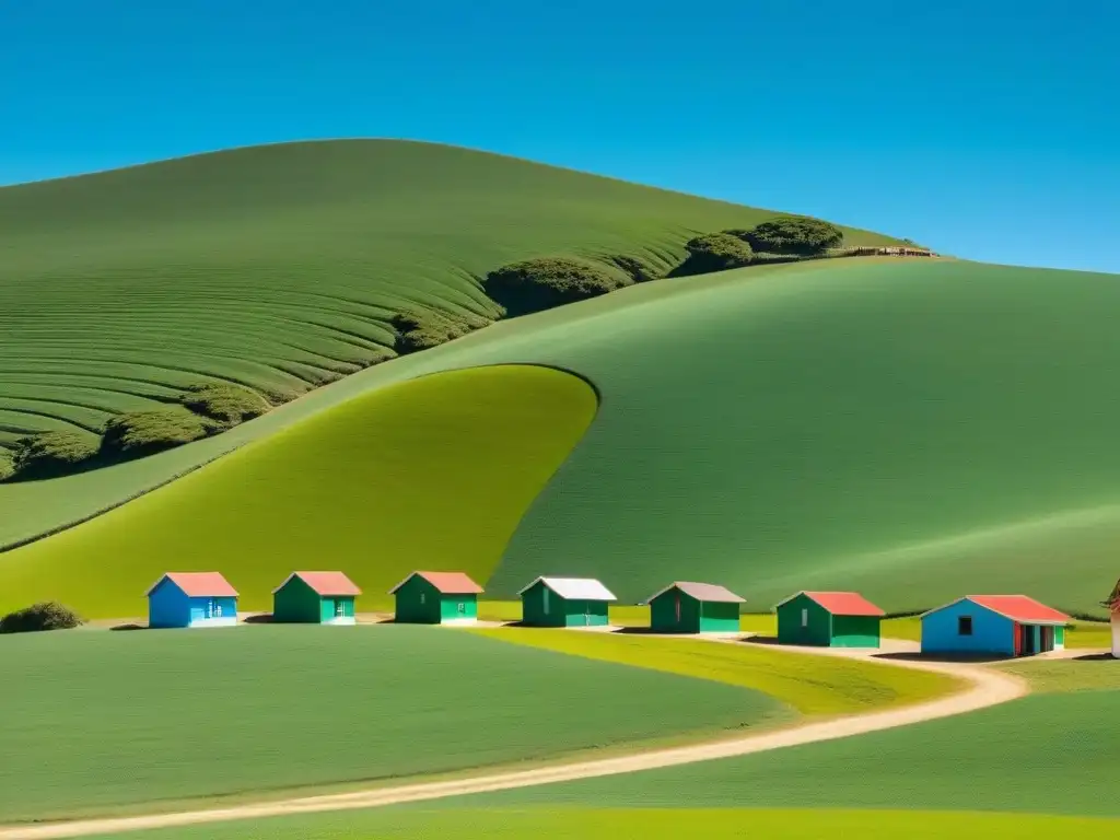 Paisaje sereno y minimalista de colinas verdes con escuelas coloridas, simbolizando la educación a distancia en Uruguay